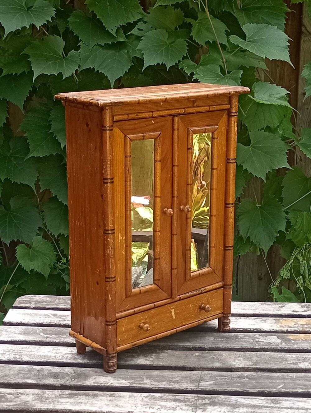 Miniature Wood Cabinet with Functional Drawer & Mirrors Vintage Flair